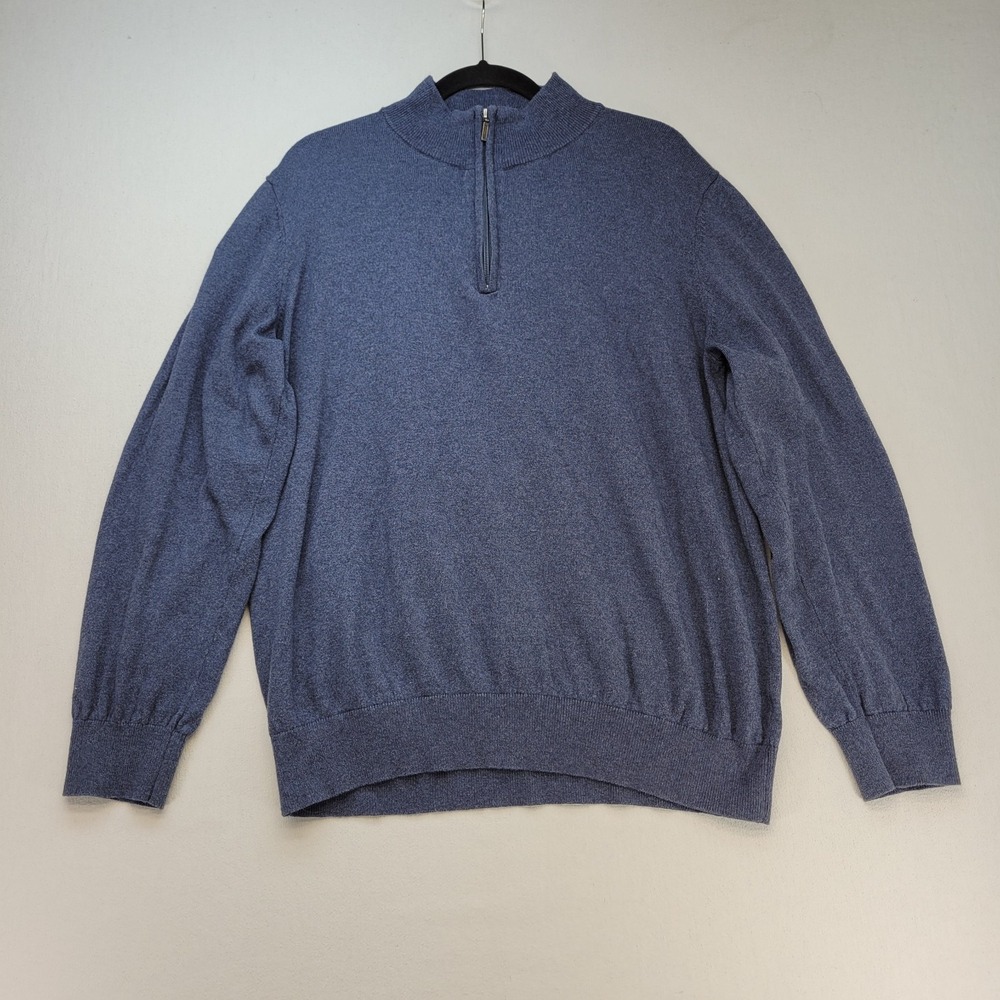 LL Bean Sweater Mens XL Blue Cotton Cashmere Blend 1/4 Zip Pullover